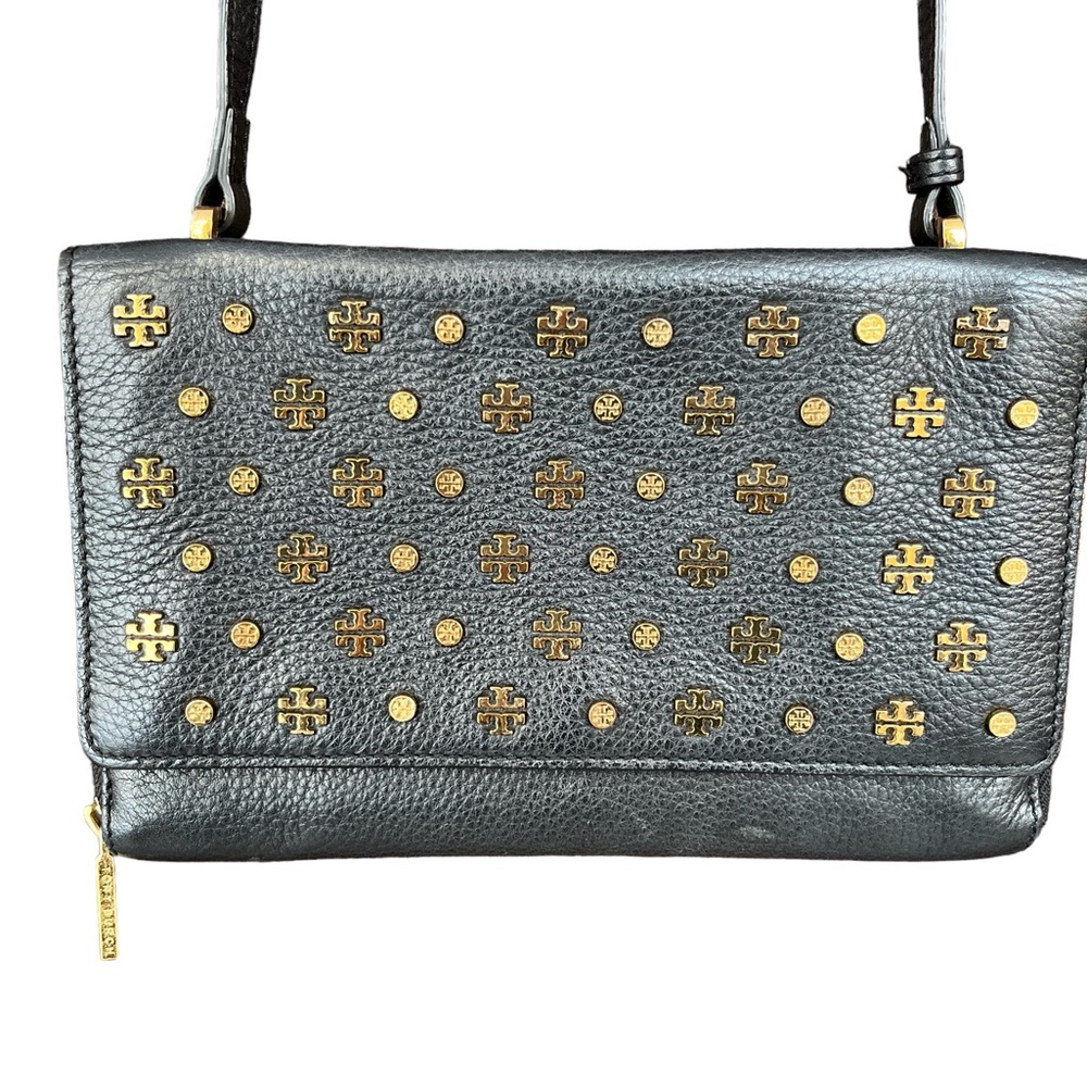 RARE Tory Burch black leather clutch/shoulder bag with gold tone logos and studs - Picture 2 of 11
